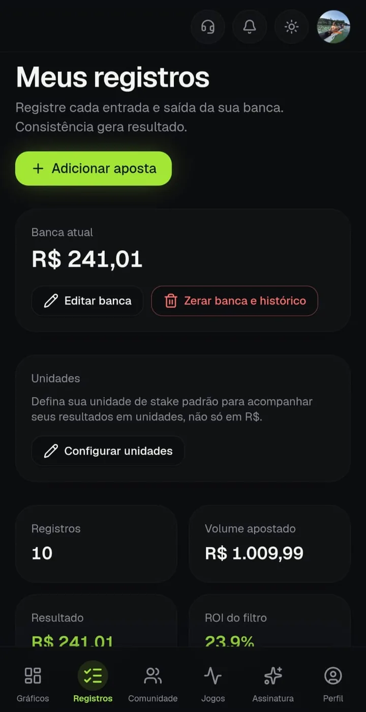 Tela Meus registros no app TipGestor, com banca atual, unidades e volume apostado