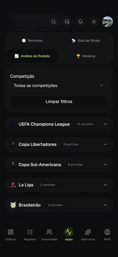 Análise da Rodada no celular, com filtro por competição e partidas agrupadas por campeonato